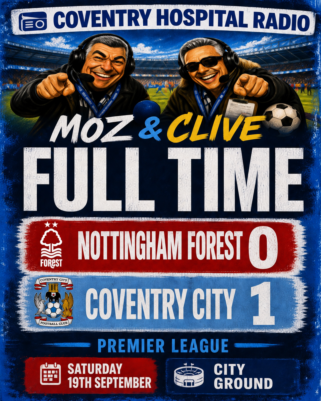 Full-time poster showing Nottingham Forest 0–1 Coventry City, Saturday 19 September 2026, City Ground